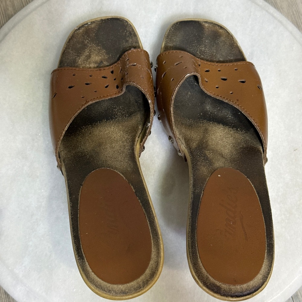 Vtg Candies Brown Leather Studded heels Platform Mules Square Toe 9 shoes y2k - Picture 10 of 15